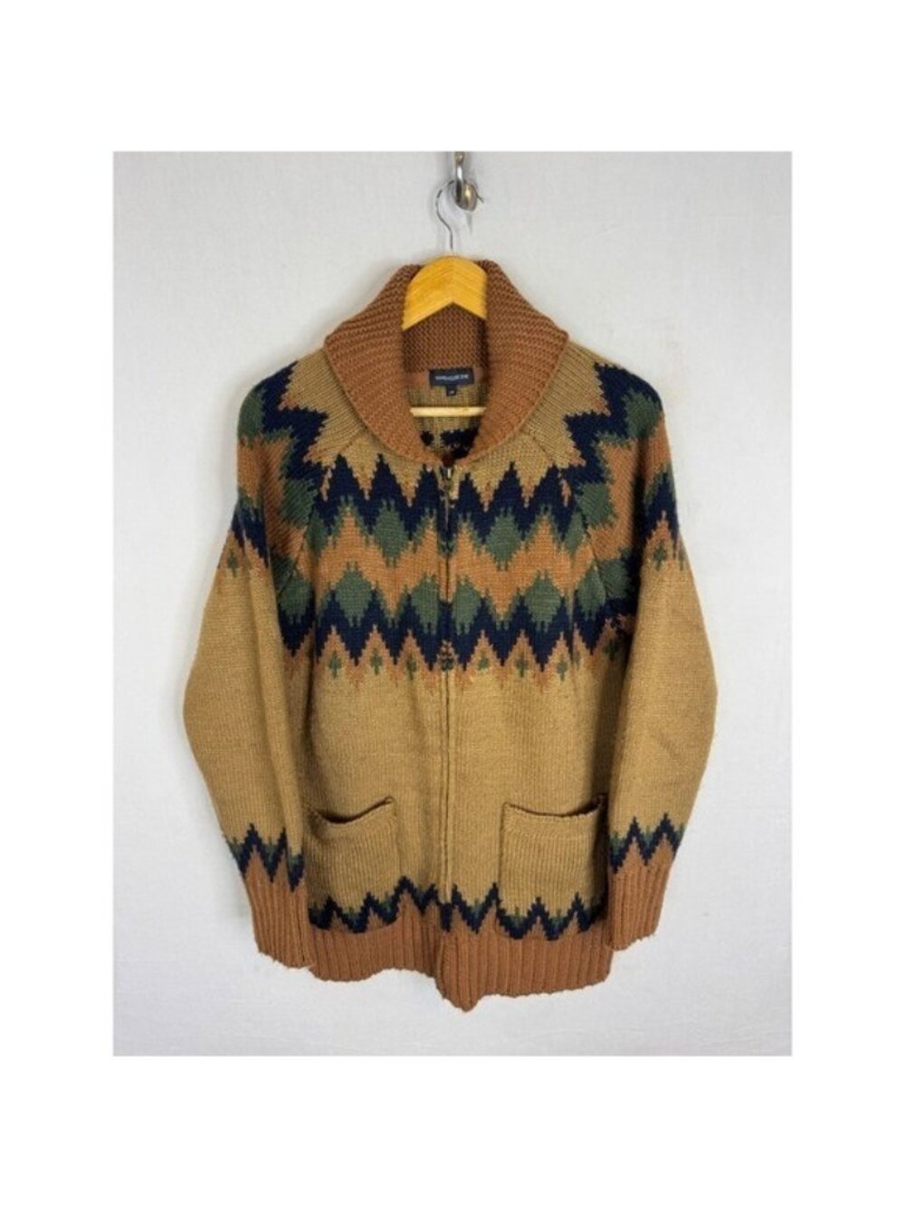 Warehouse One Mens L Cowichan Shawl Collar Geometric Knit Cardigan Sweater Tan